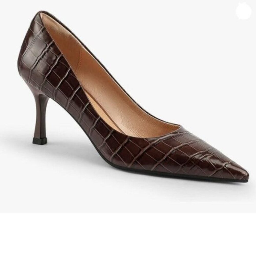 Fowt Simple Solid Croc-Embossed Pointed Toe Black… - image 1